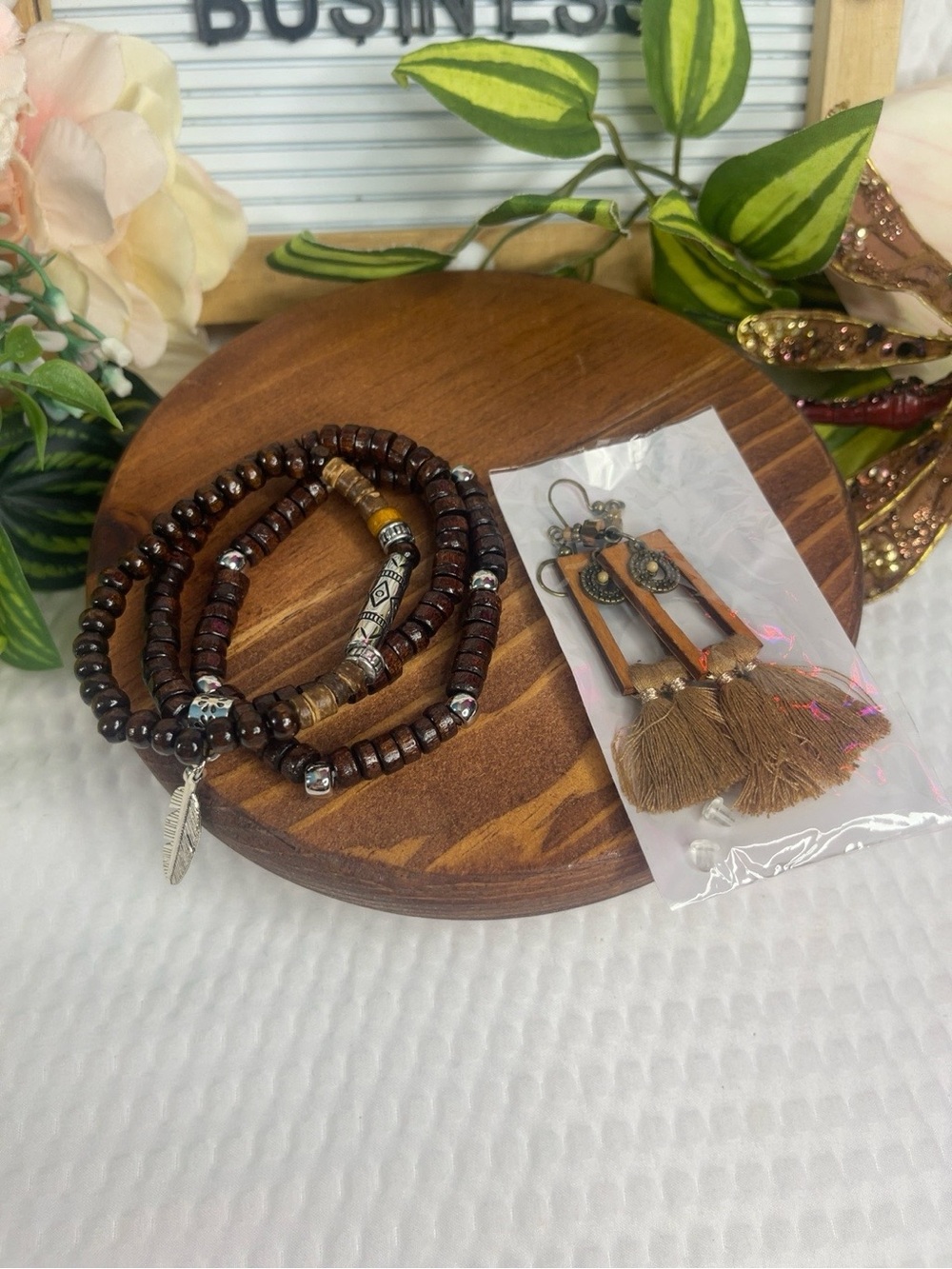 Boho Wooden Bead Wrap Bracelet Feather Charm Brown Wood Stretch Bracelet